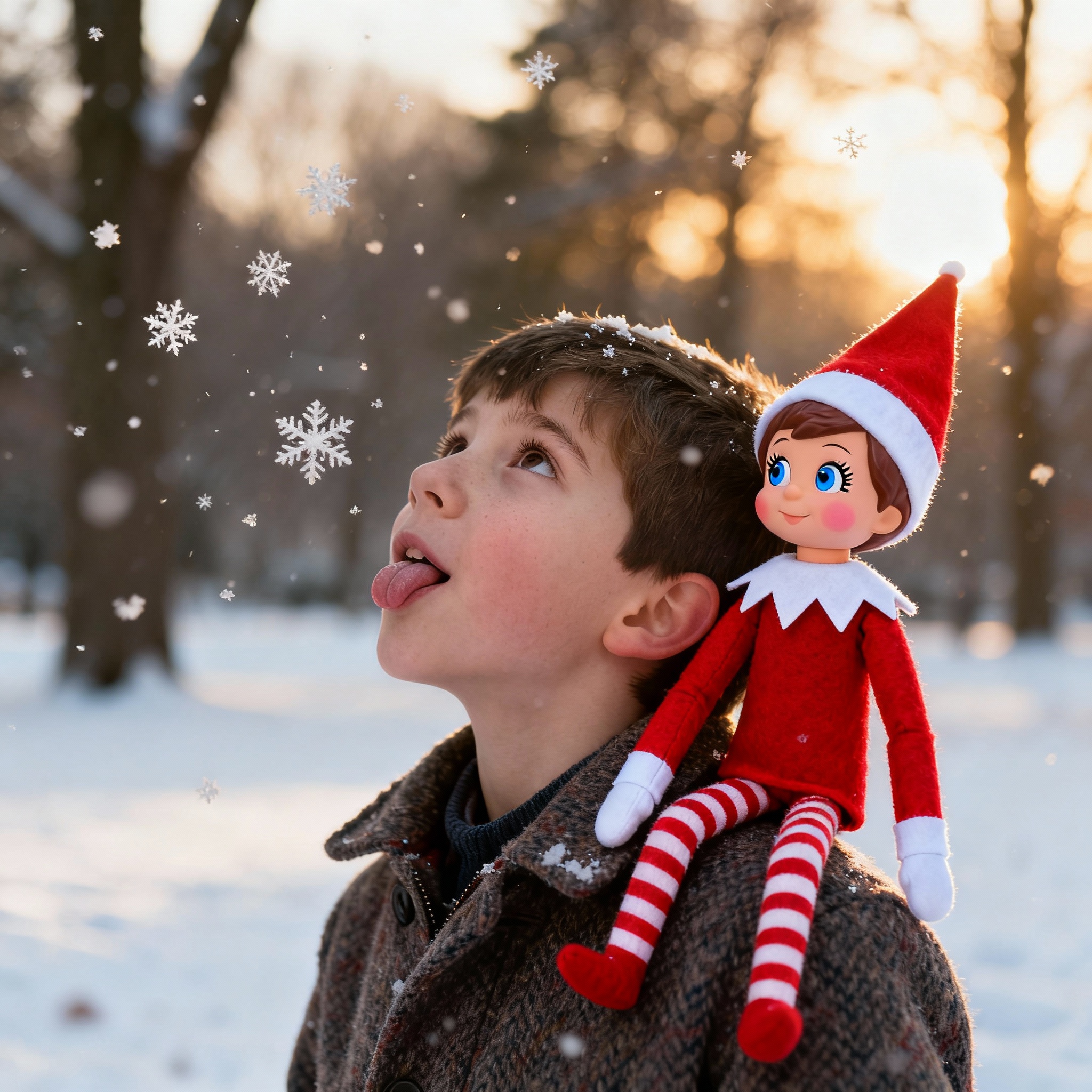 Elf is out in snow with a little bit. Ekd is sat on the boys shoulder and they are both looking up and catching snowflakes on their tongues