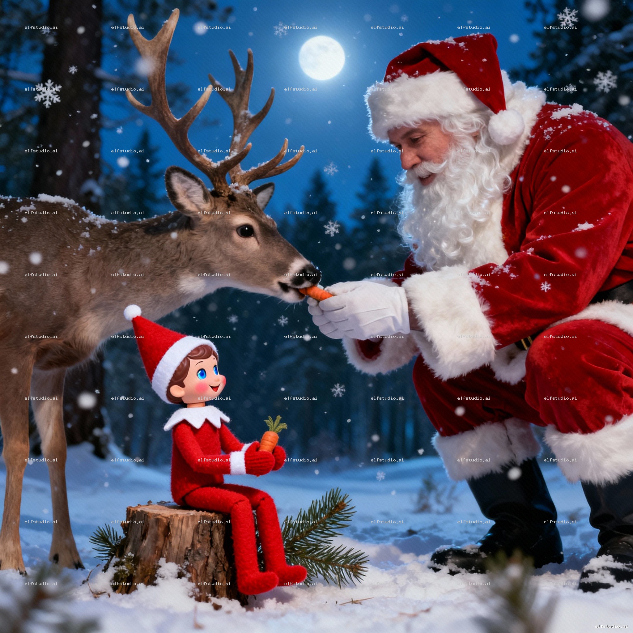 Santa is outside feeding his reindeer