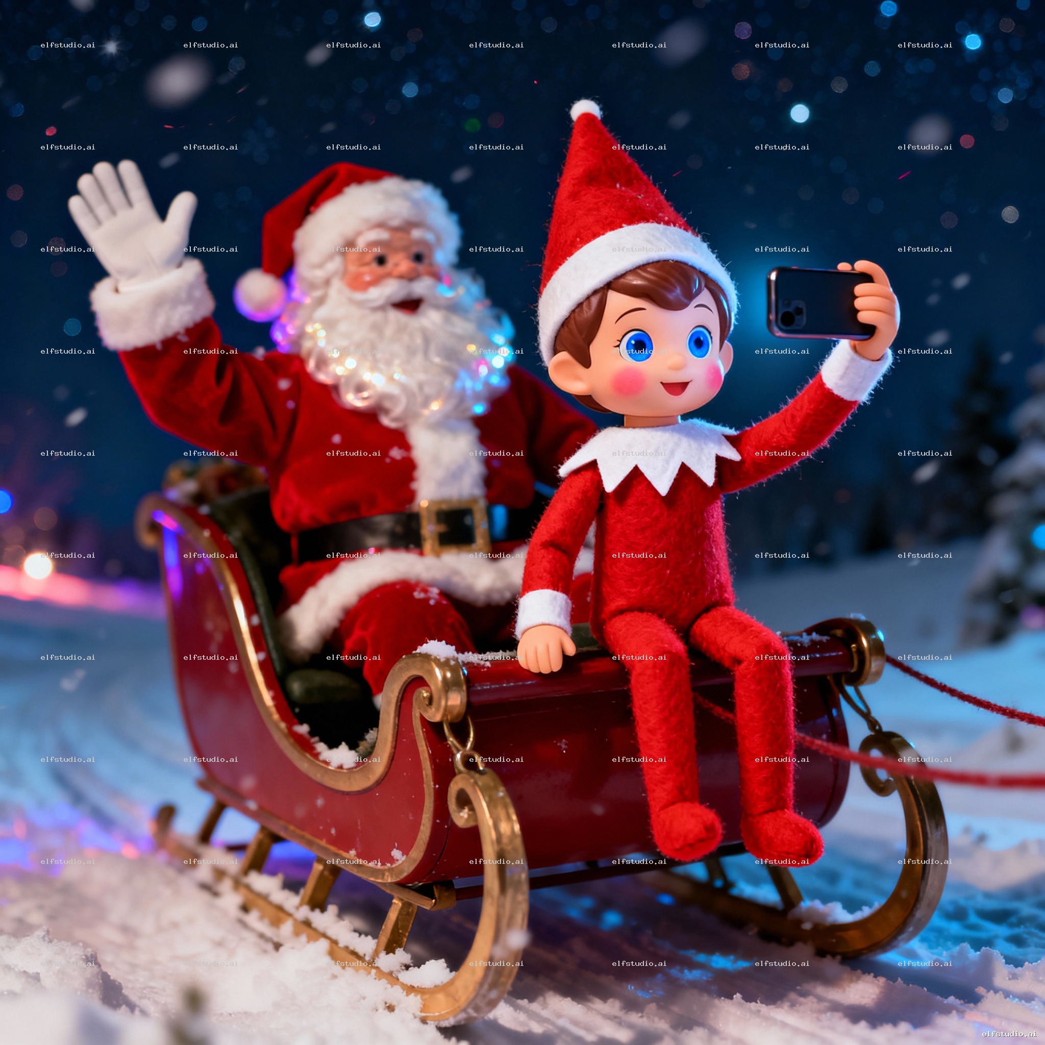 Elf on shelf selfie from Santa sleigh