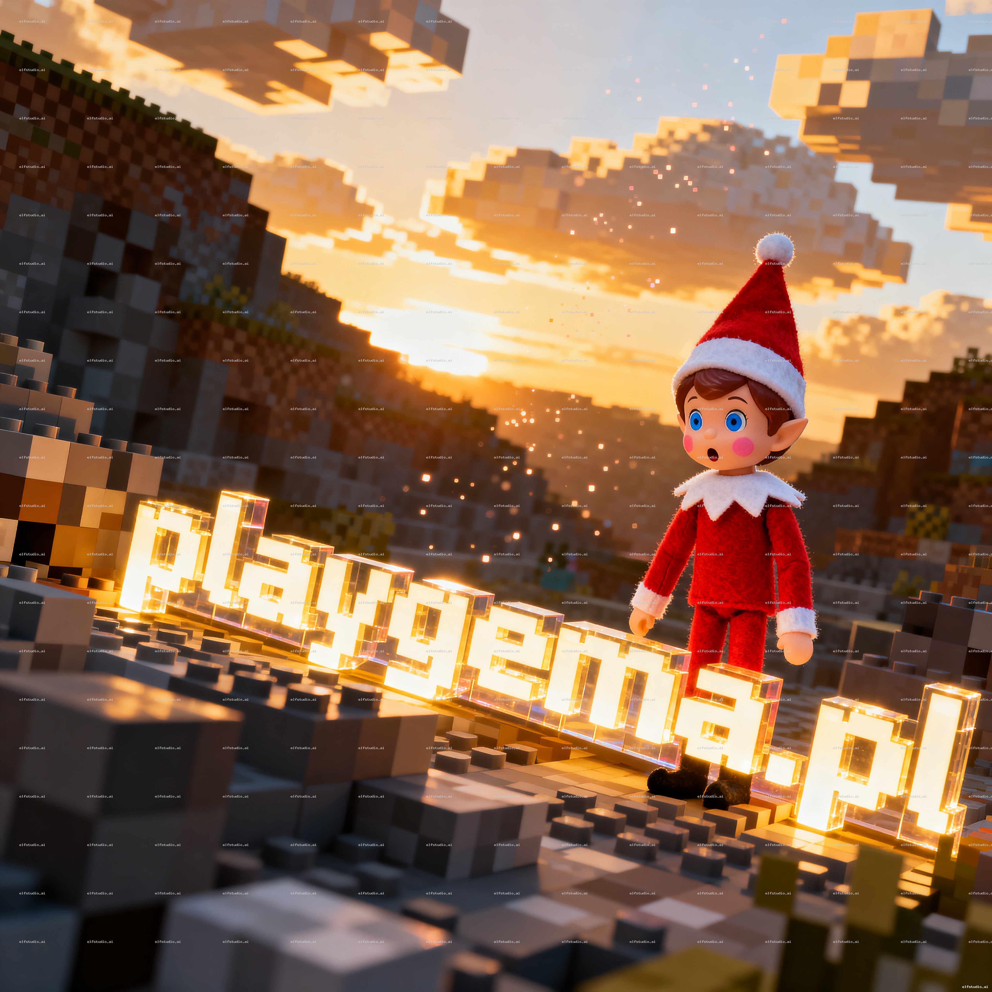 A Minecraft-style animated scene showing a cinematic intro. The camera slowly moves through a blocky world at sunset, with glowing lights and particles. In the center, a large 3D text "playgema.pl" appears, made of glowing blocks, with smooth animation and dramatic lighting. The text shines and pulses, epic gaming intro style.