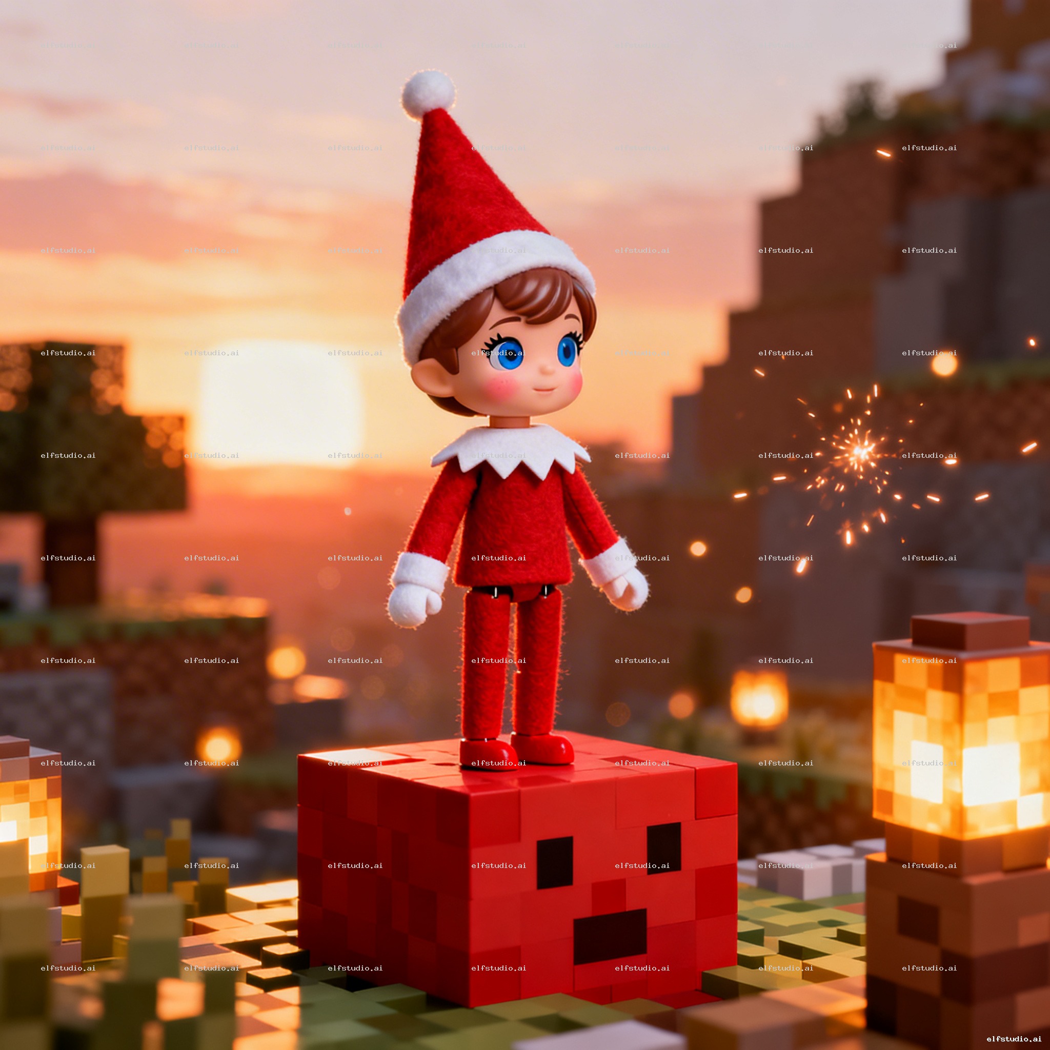 A Minecraft-style animated scene showing a cinematic intro. The camera slowly moves through a blocky world at sunset, with glowing lights and particles. A small elf character stands on a blocky terrain, looking around. No text, no logo, no letters anywhere in the scene. Focus on environment, lighting, and atmosphere, with warm sunset colors and cinematic depth of field, epic gaming intro style.